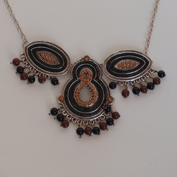 FUN Bohemian Statement Necklace Silver Tone Women's Necklace Black Brown - Picture 1 of 3